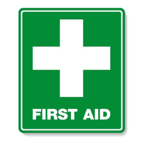 green FIRST AID sign with text and cross symbol